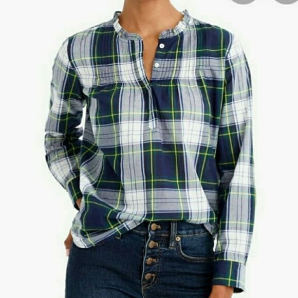 J Crew Factory Plaid Washed Pintuck Popover Sz 0 Long Sleeves Pintuck Casual - Picture 1 of 10